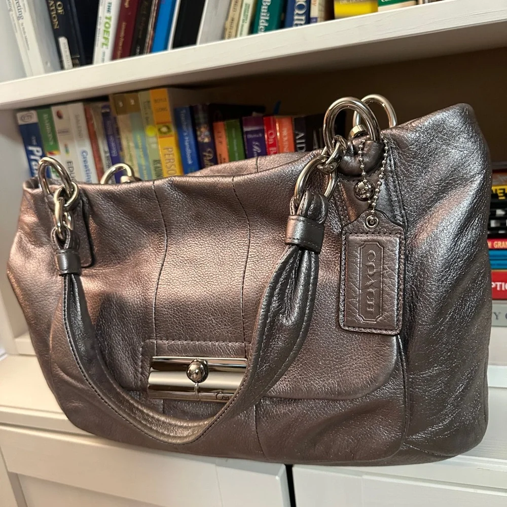 COACH Metallic Silver Leather Tote Bag with Chain Detail